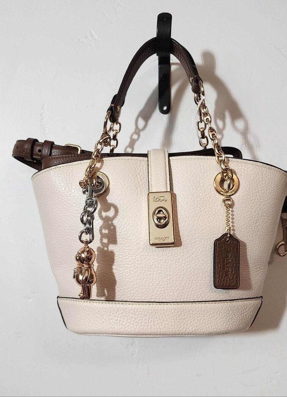 Coach Chalk and Brown Pebbled Leather Shoulder Tote with Chain Handles